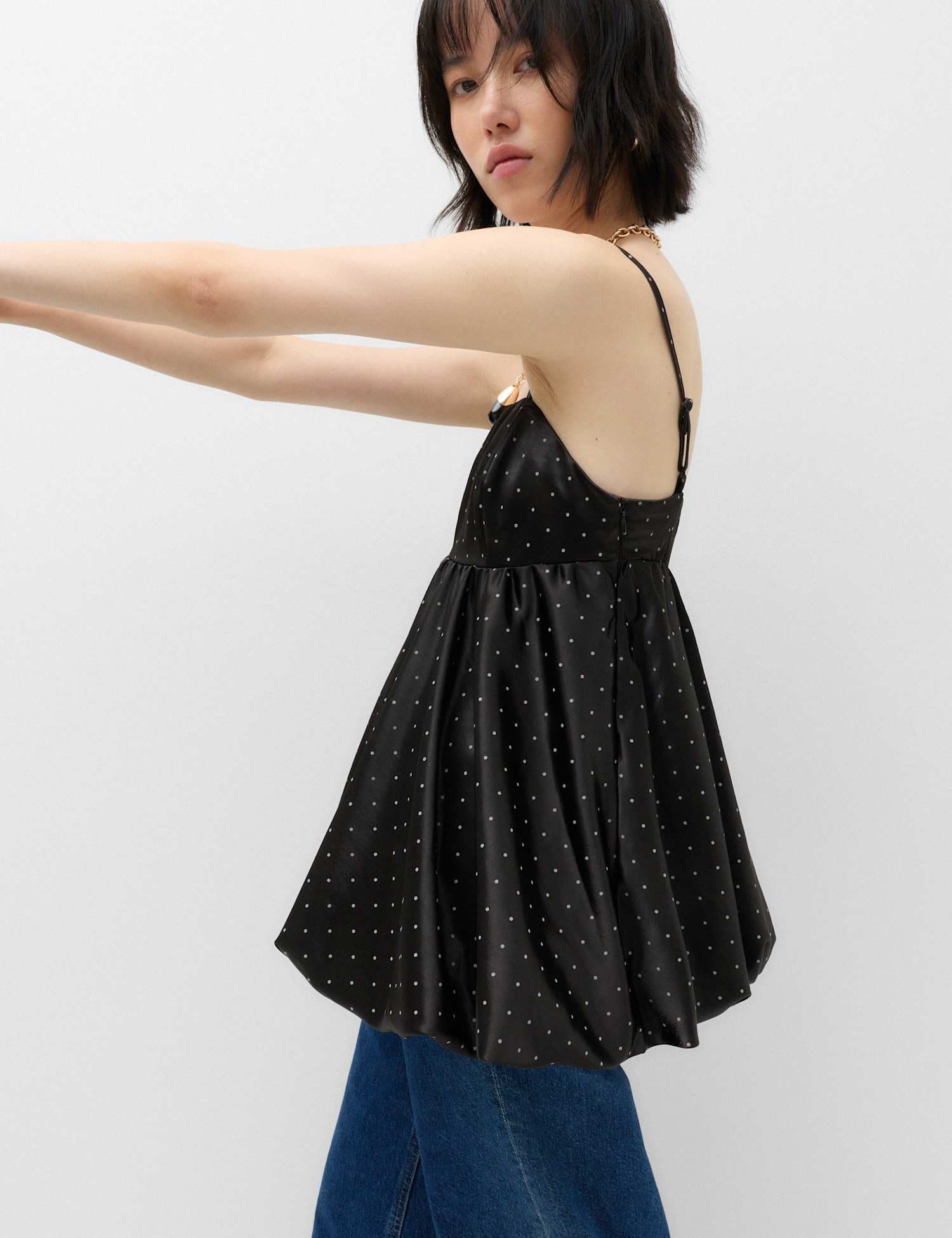 Marks & Spencer M&S Satin Polka Dot Asymmetric Bubble Hem Cami Top Black Mix