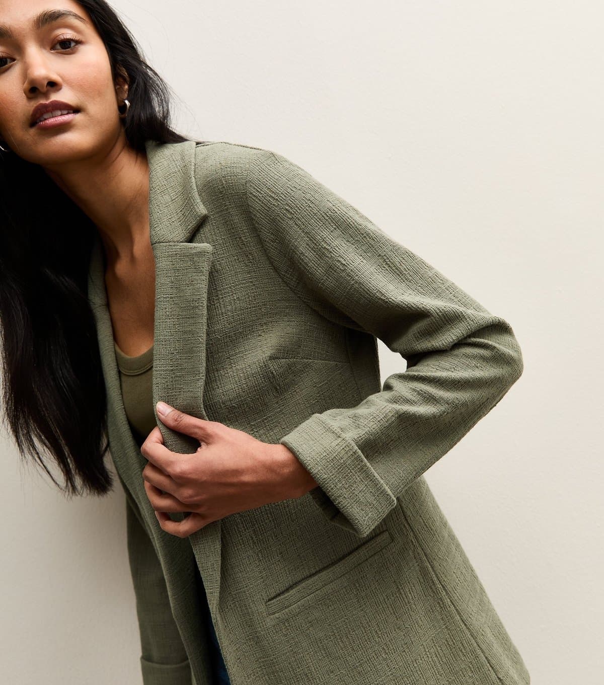 New Look Women's Dark Khaki Stretchy Textured Jersey Blazer New Look
