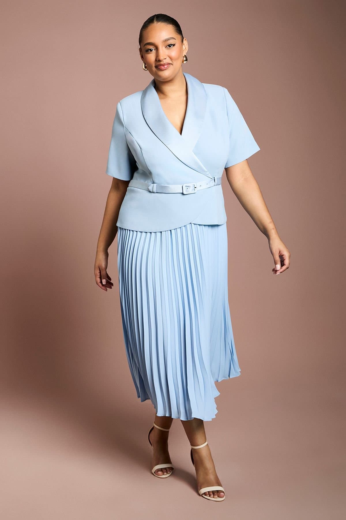 Coast Coast Women's Plus 2 In 1 Wrap Dress With Pleated Skirt in Powder Blue