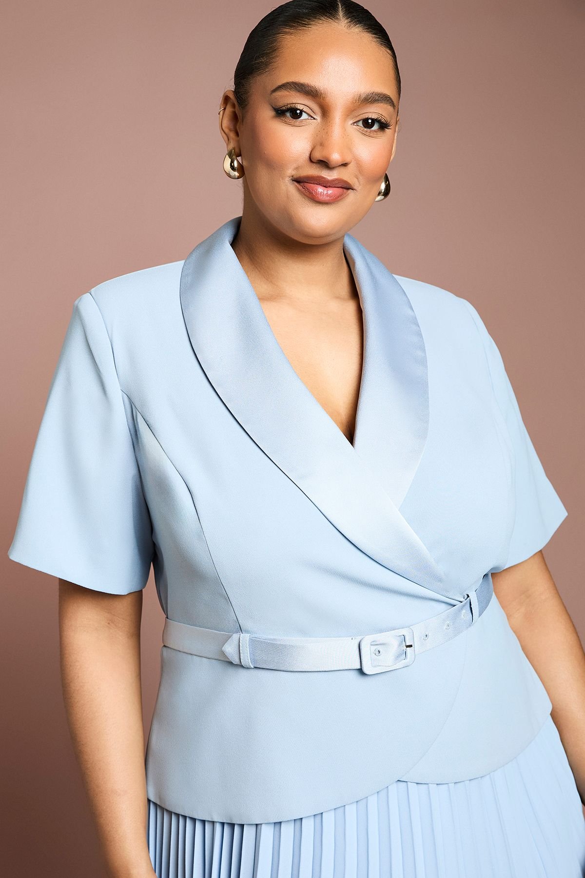 Coast Coast Women's Plus 2 In 1 Wrap Dress With Pleated Skirt in Powder Blue - 4