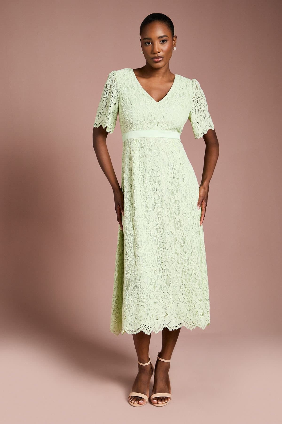 Coast Coast Women's Lace Angel Sleeve Midi Dress in Sage