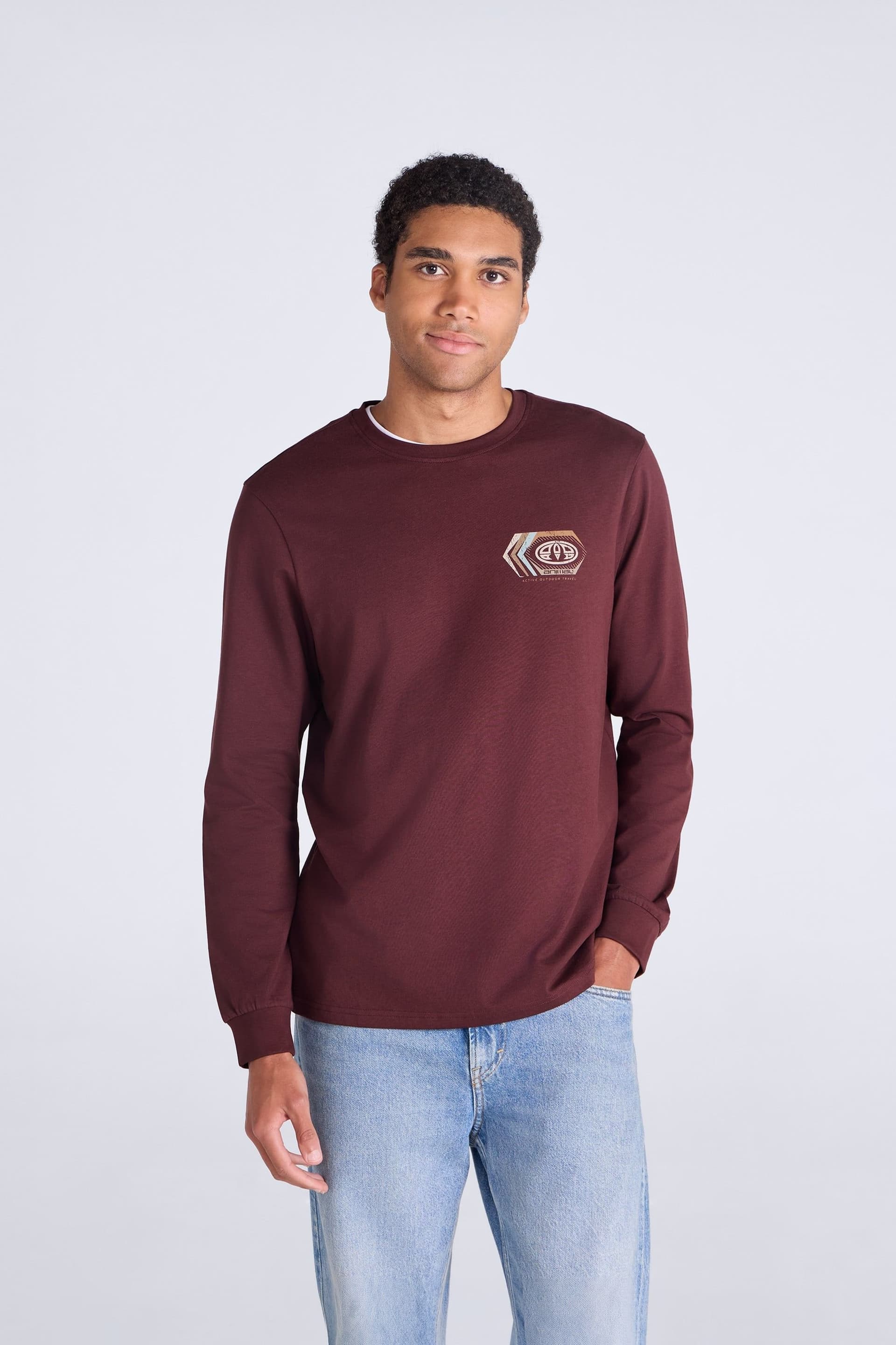 Animal Animal Men's 'Tommy' Long Sleeve Graphic Cotton T-Shirt in Burgundy