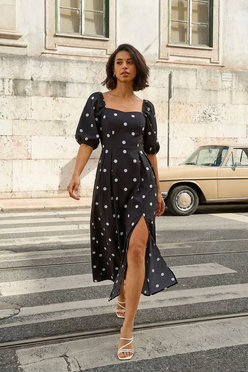 Dusk Dusk Women's Polka Dot Midi Dress in Black