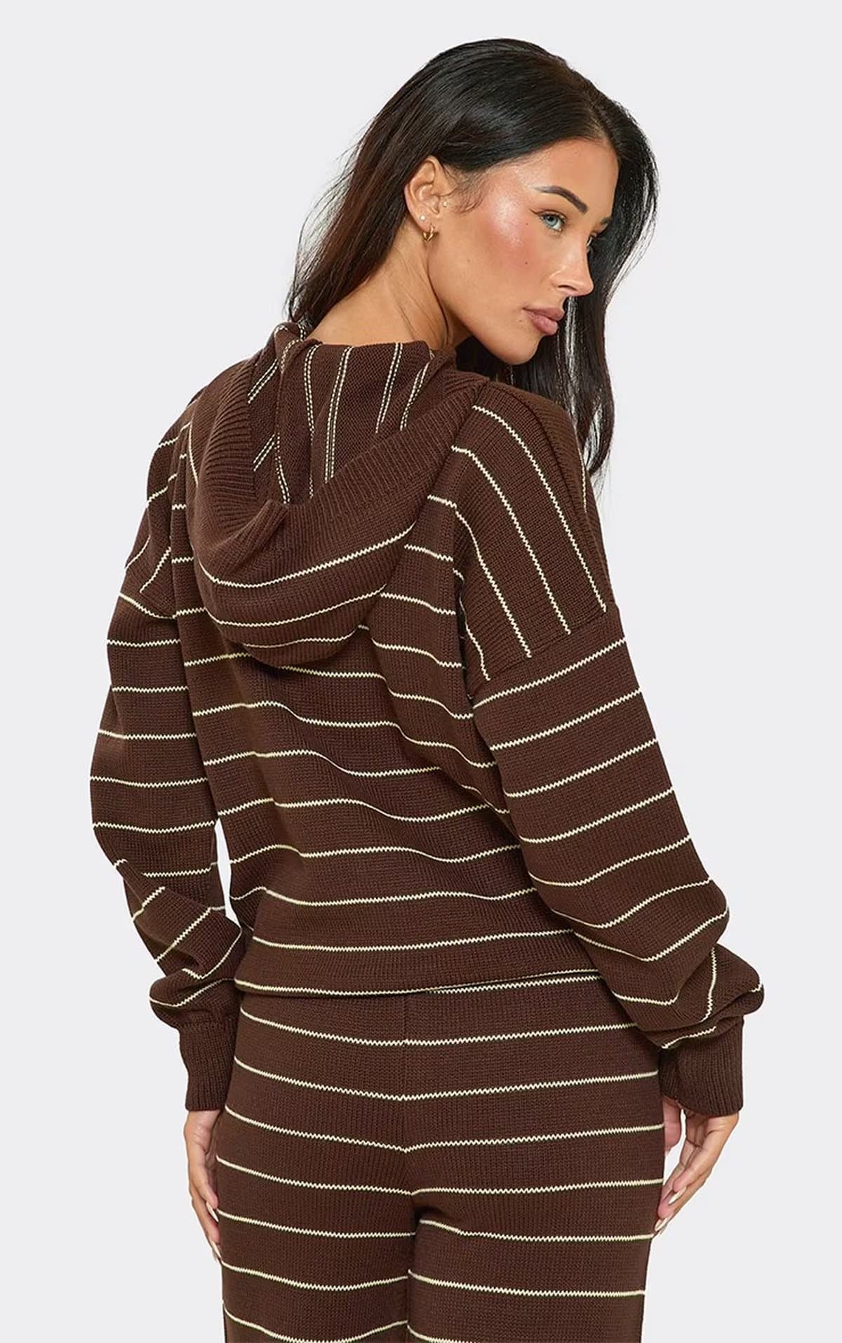 EGO Long Sleeve Ego Logo Detail Hoodie In Lemon And Brown Stripe Knit, Women's Size UK S