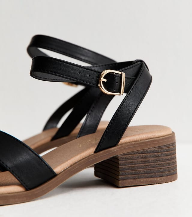 New Look Women's Wide Fit Black Faux Leather Block Heel Sandals Vegan New Look - 3
