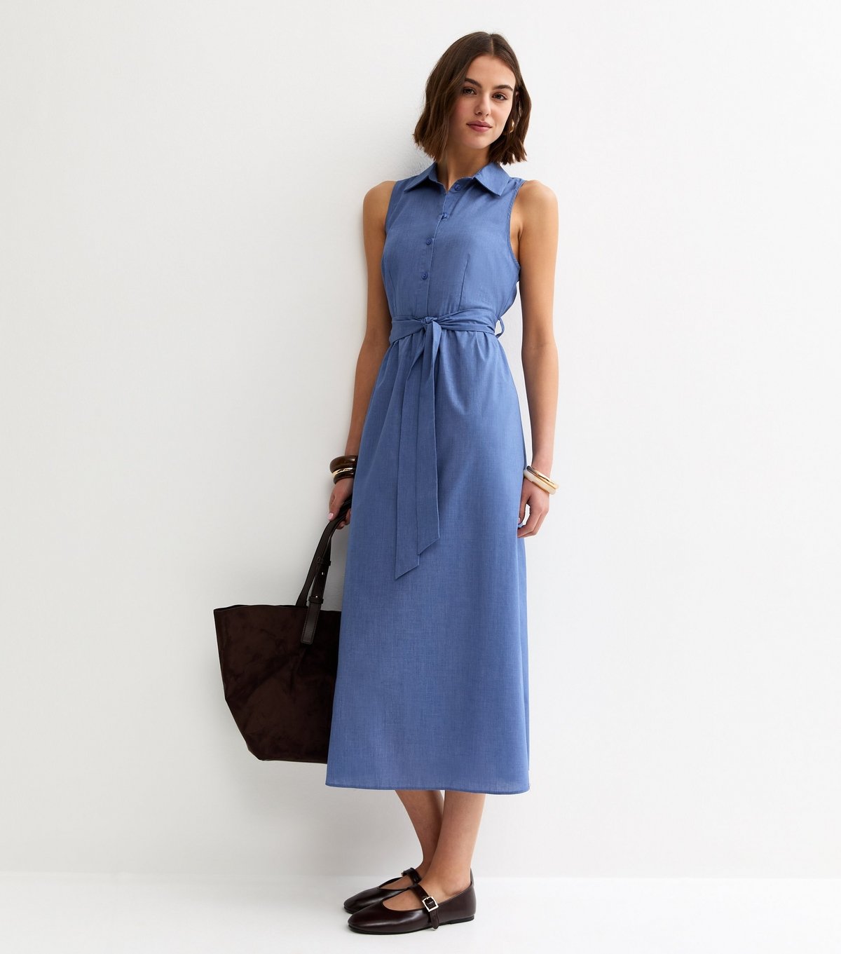 New Look Women's Blue Chambray Sleeveless Midi Shirt Dress New Look - 1