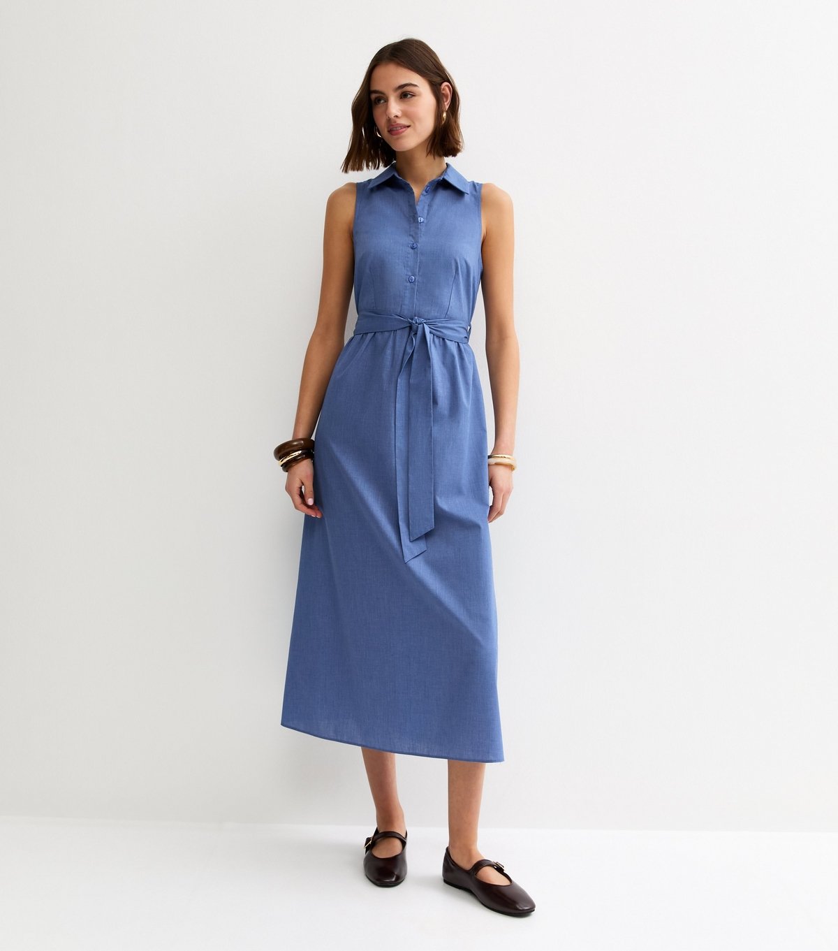 New Look Women's Blue Chambray Sleeveless Midi Shirt Dress New Look - 3