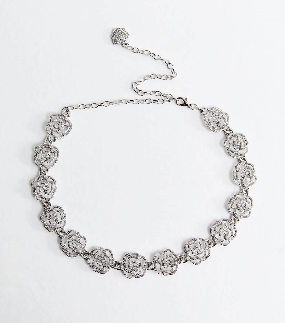 New Look Silver Ton Diamante Floral Chain Belt New Look