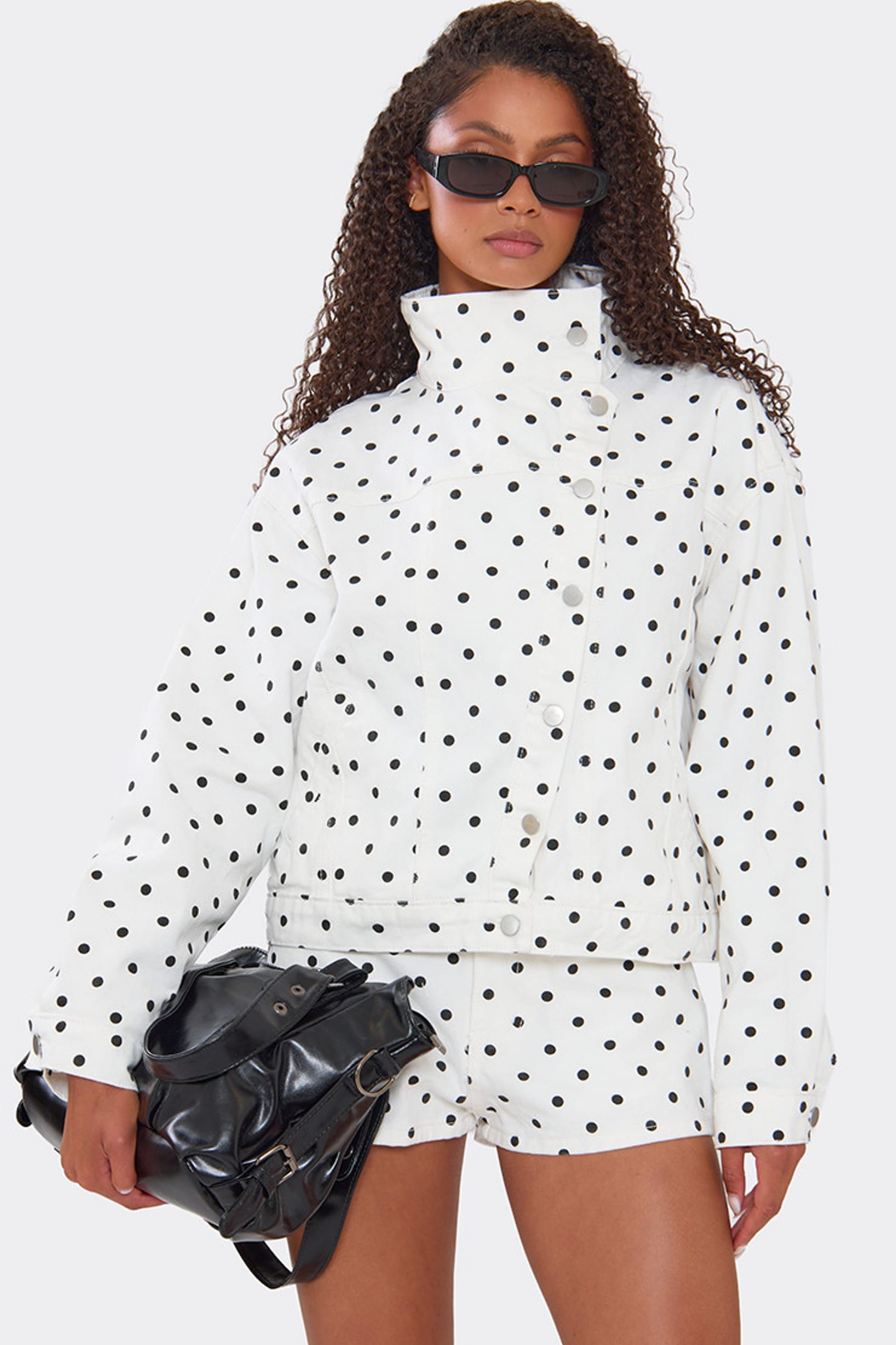 EGO Women's Long Sleeve Polka Dot Denim Jacket in White