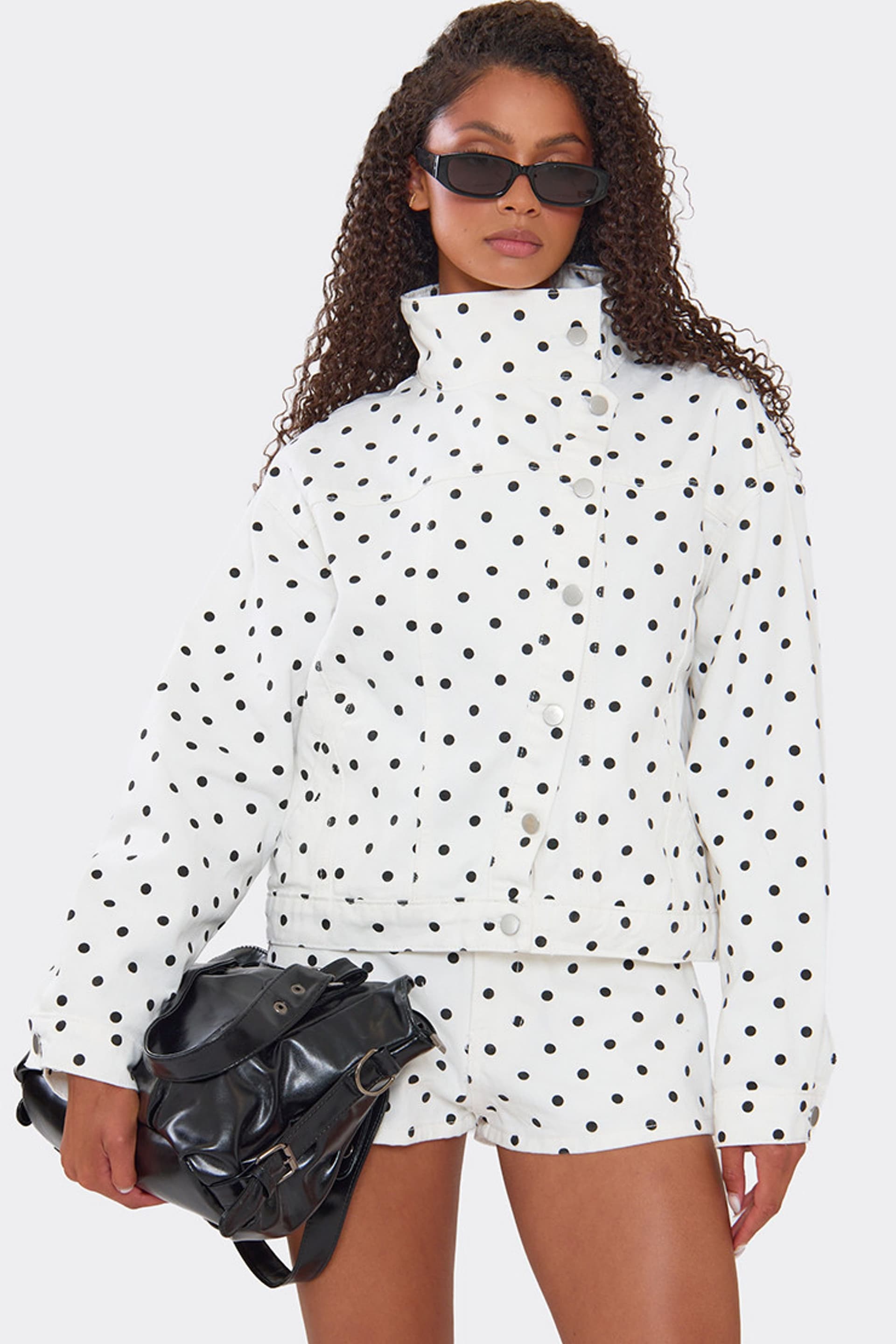 EGO EGO Women's Long Sleeve Polka Dot Denim Jacket in White