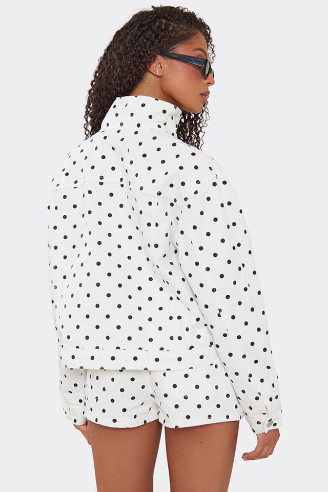 EGO EGO Women's Long Sleeve Polka Dot Denim Jacket in White - 2