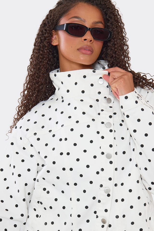 EGO EGO Women's Long Sleeve Polka Dot Denim Jacket in White - 3
