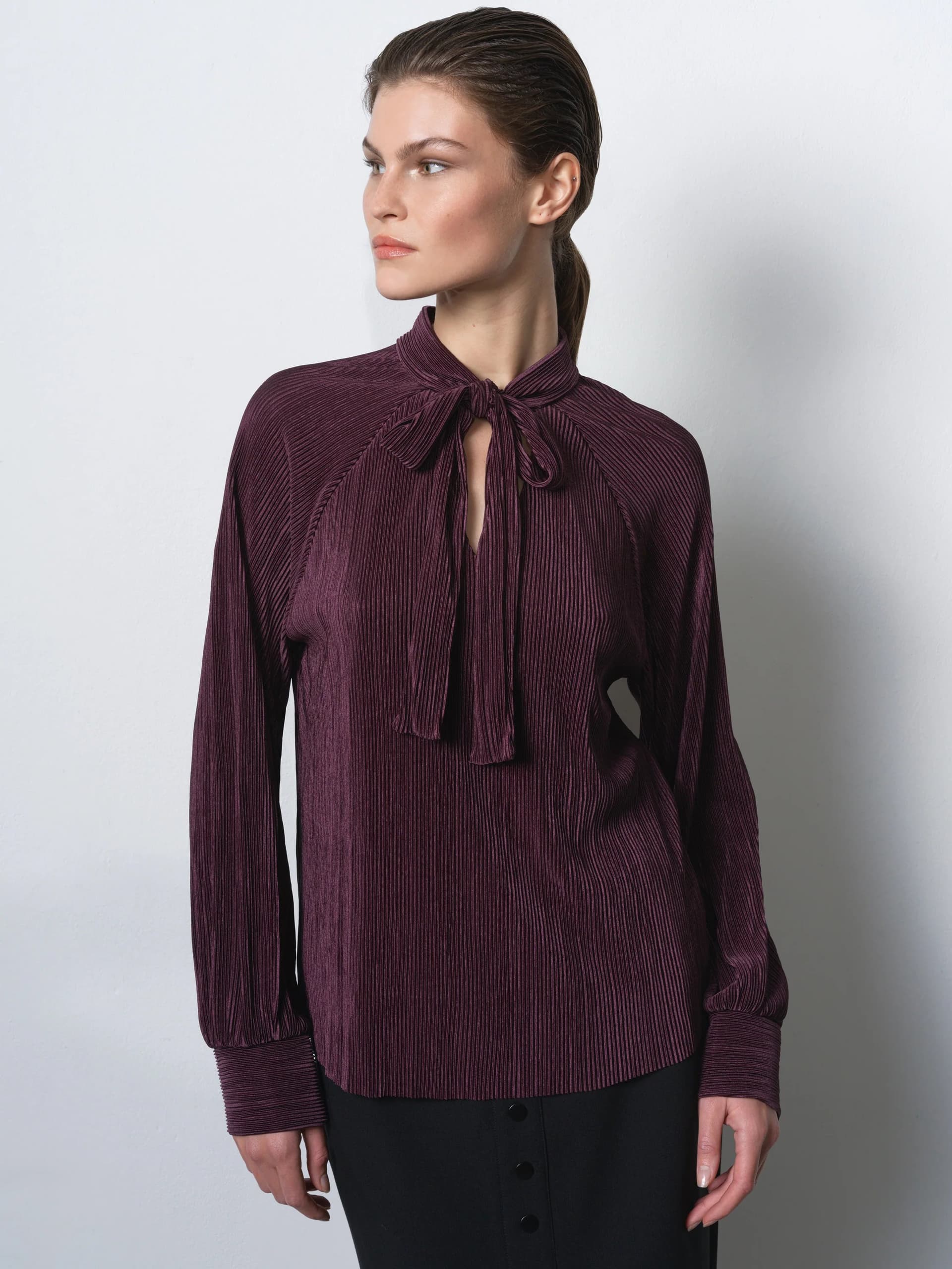 French Connection Rylah Plisse Long Sleeve Tie Neck Shirt Mulberry Purple