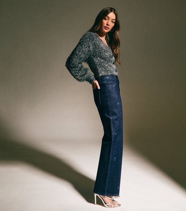 New Look Women's Blue Diamanté Embellished Wide Leg Jeans New Look - 3
