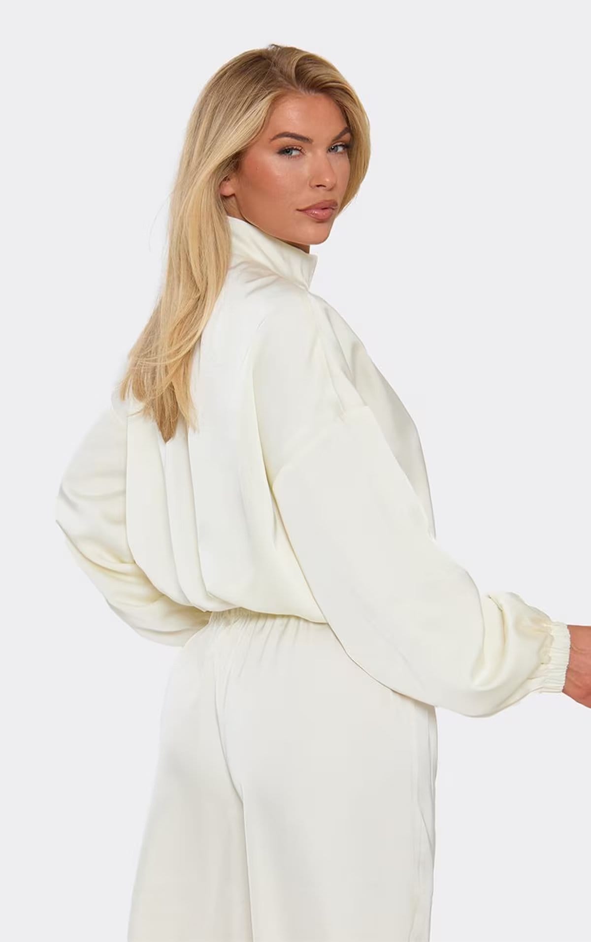EGO Cream Satin High Neck Cropped Bomber Jacket