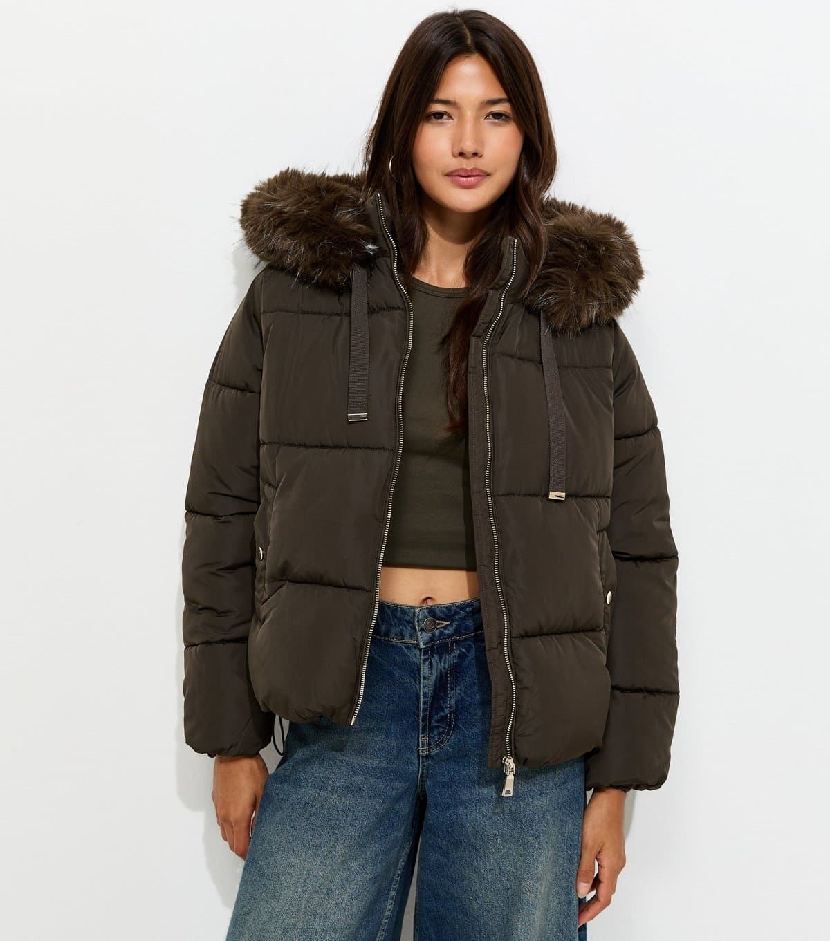 New Look Women's Dark Khaki Faux Fur Hood Puffer Jacket New Look