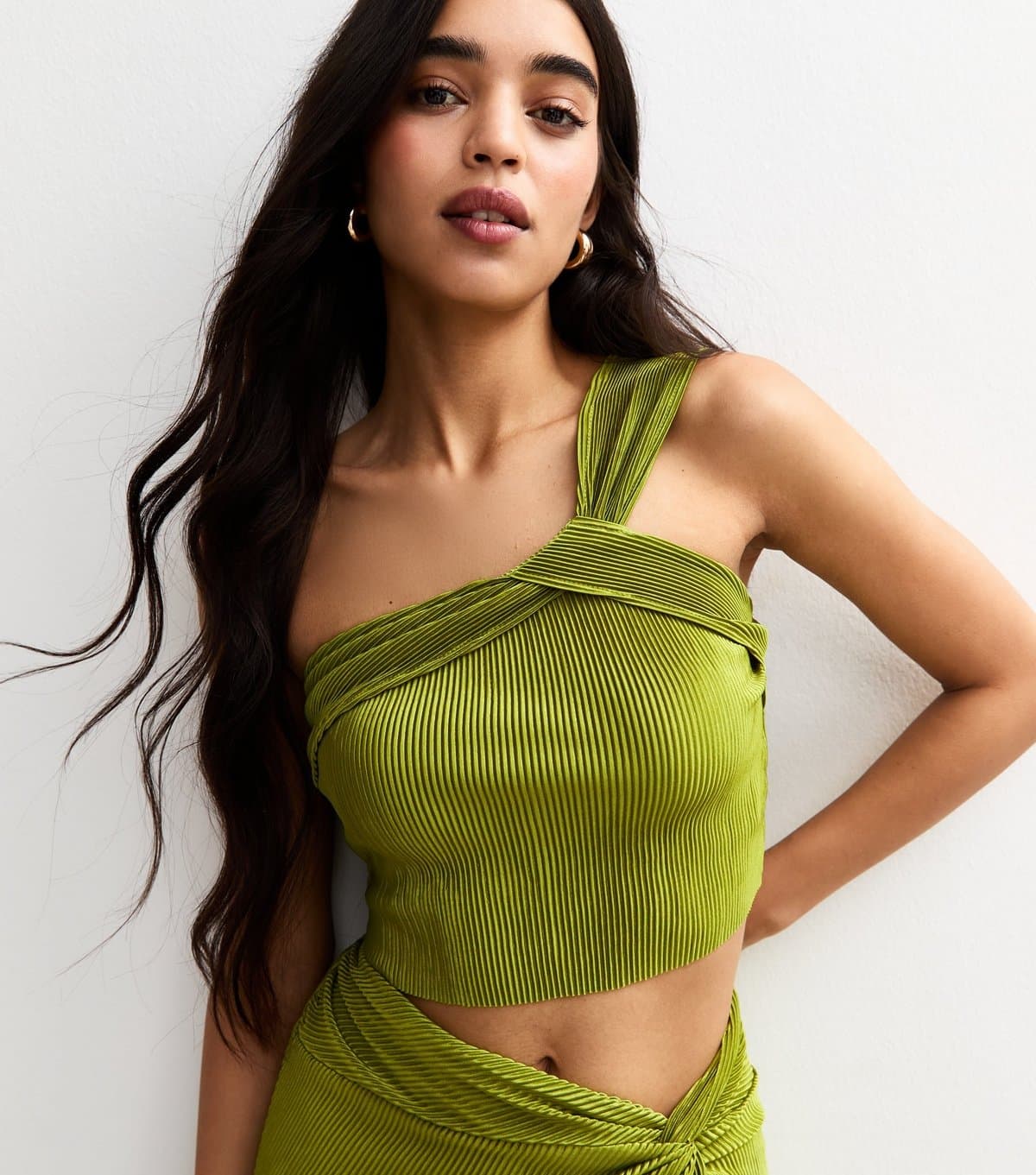 New Look Women's Light Green Intertwined One Shoulder Plisse Top New Look