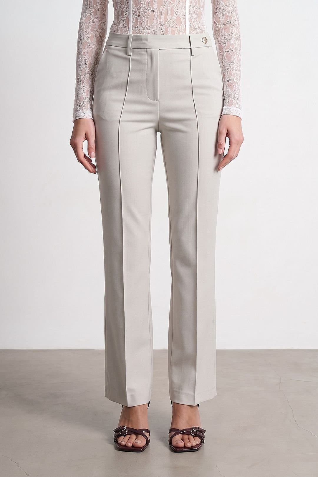 Dilvin Dilvin Women's Women's Mid-Waist Wide-Leg Crepe Trousers in Stone
