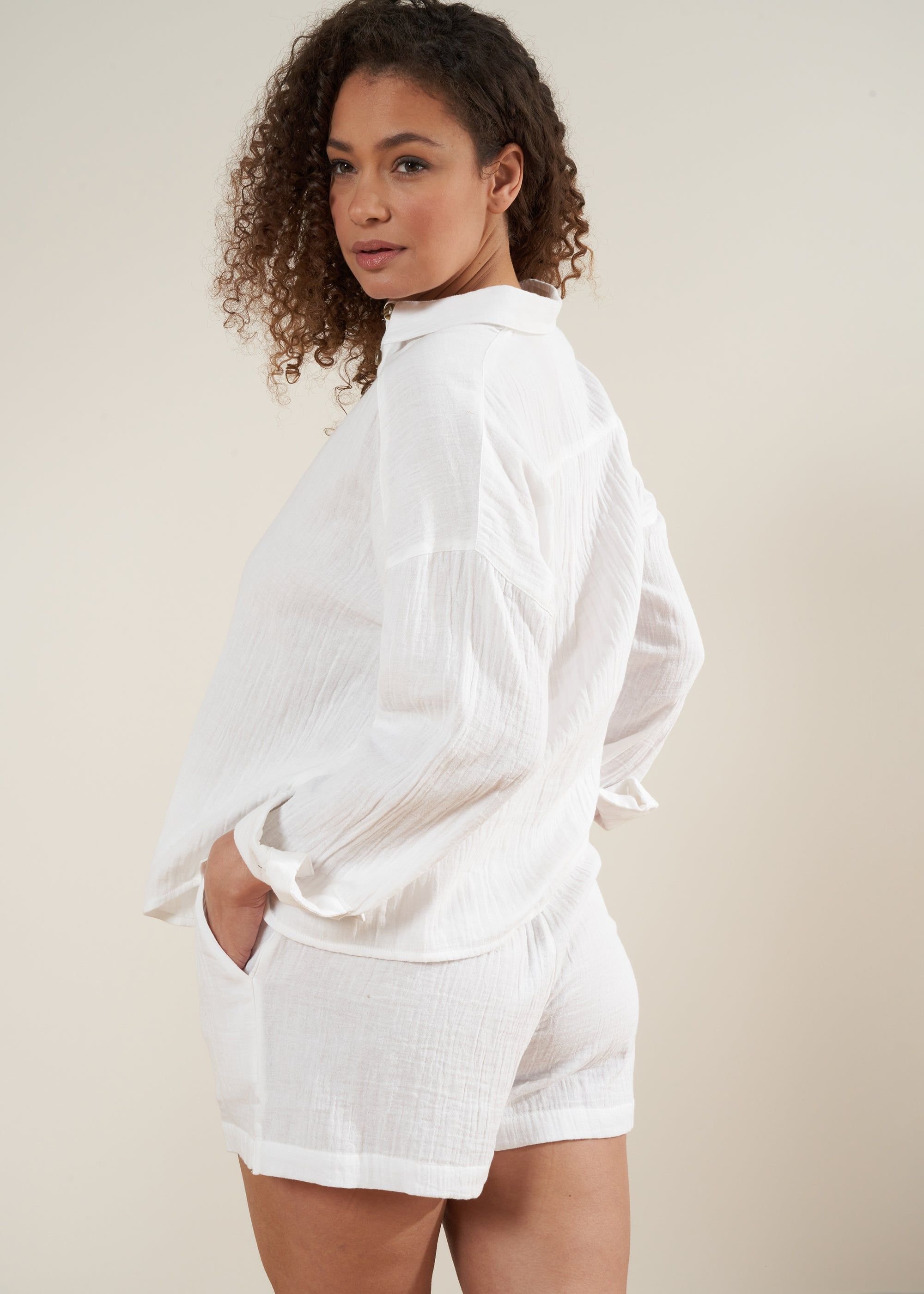 Truly Truly Women's Cotton Cheesecloth Shirt & Short Set in White - 2