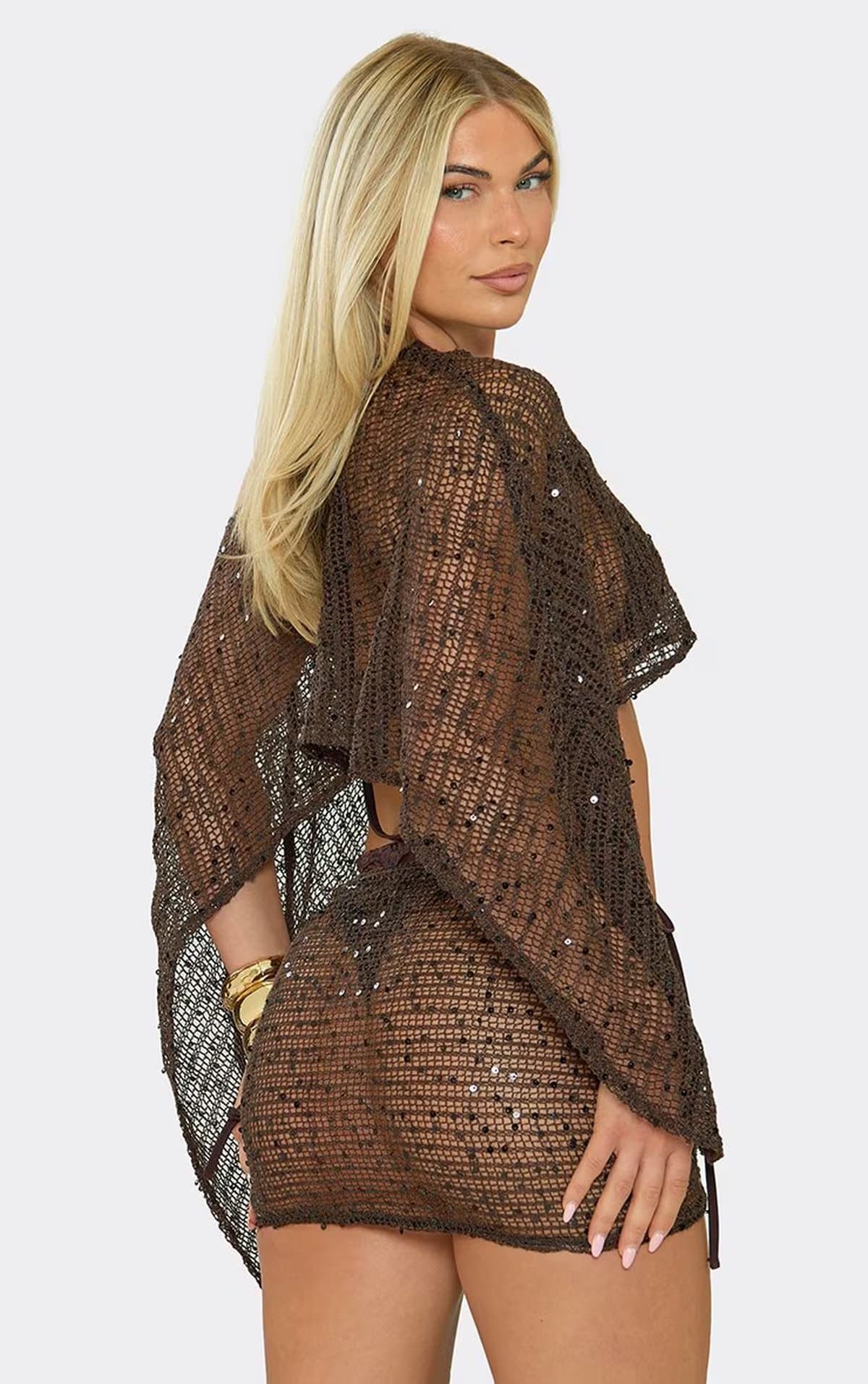 EGO Cape Top In Chocolate Brown Sequin, Women's Size UK 6
