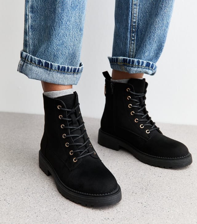 New Look Women's Black Faux Suede Lace Up Ankle Boots Vegan New Look - 2
