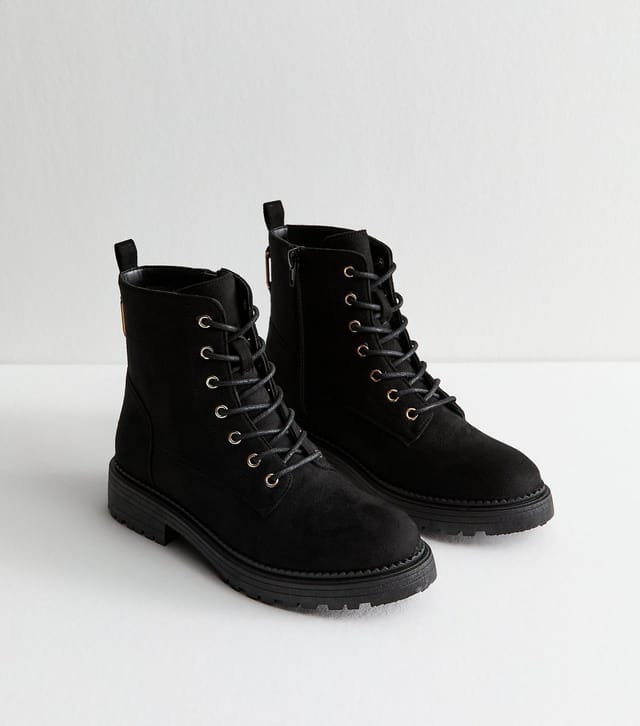 New Look Women's Black Faux Suede Lace Up Ankle Boots Vegan New Look - 3