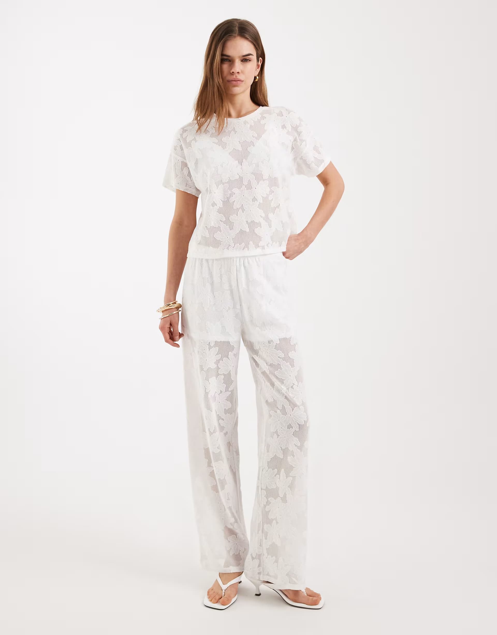 ASOS ONLY wide leg trouser & boxy t-shirt in lace co-ord in white