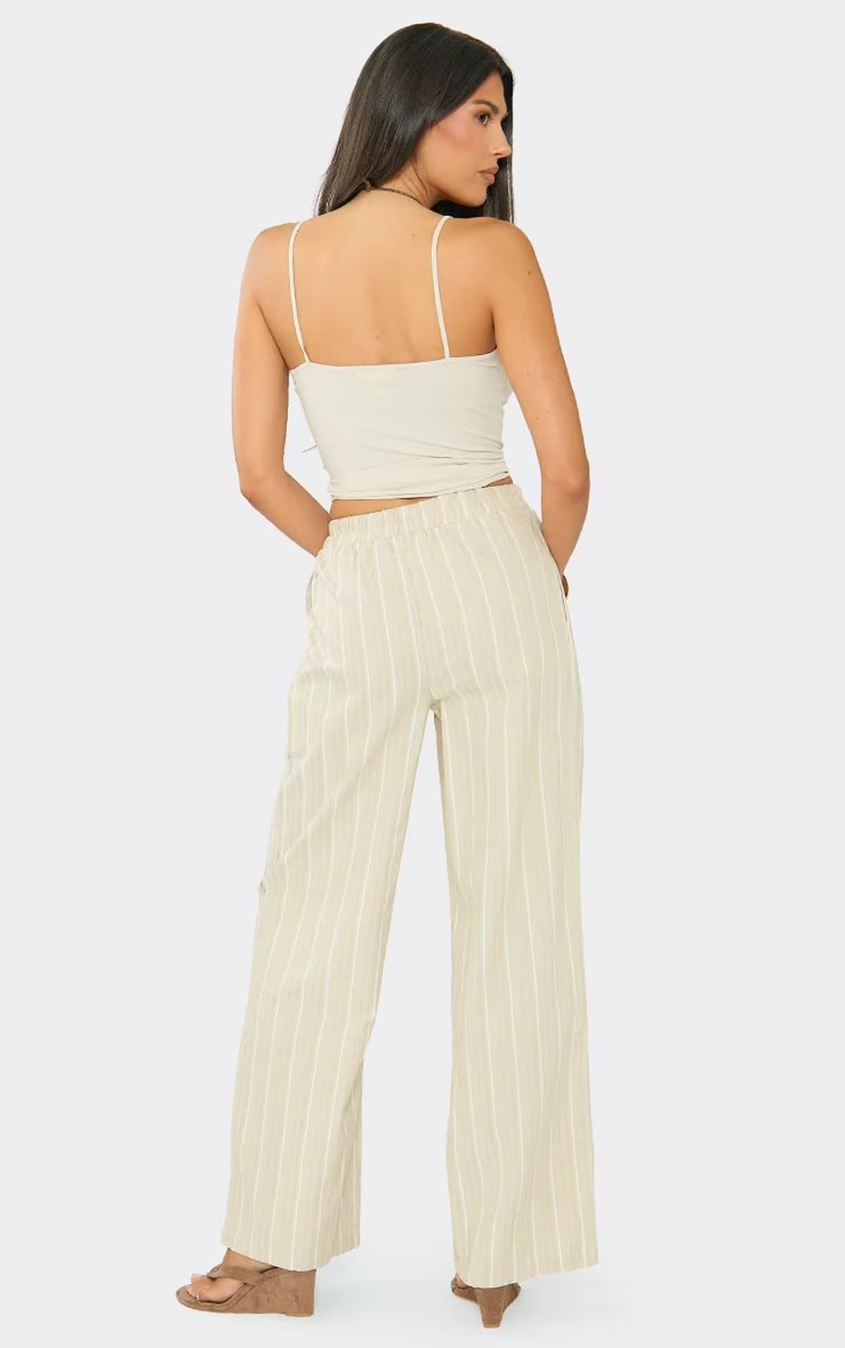 EGO High Waisted Tie Wide Leg Trousers In Stone Pinstripe, Women's Size UK 8