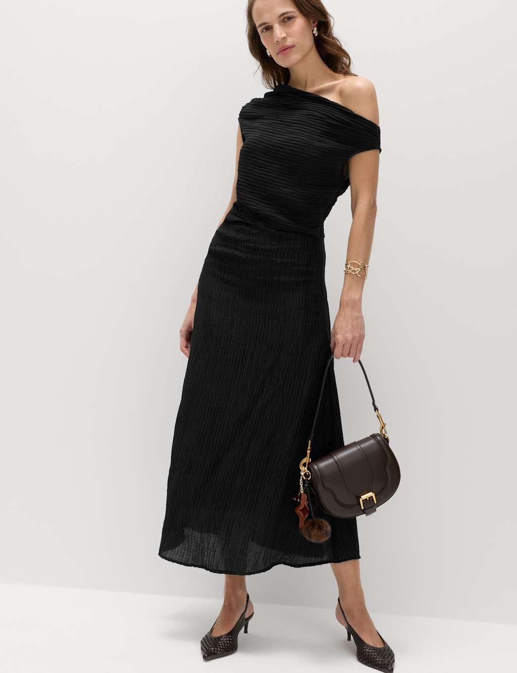 Marks & Spencer M&S Lyocell Rich Draped Plisse Midi Column Dress Black