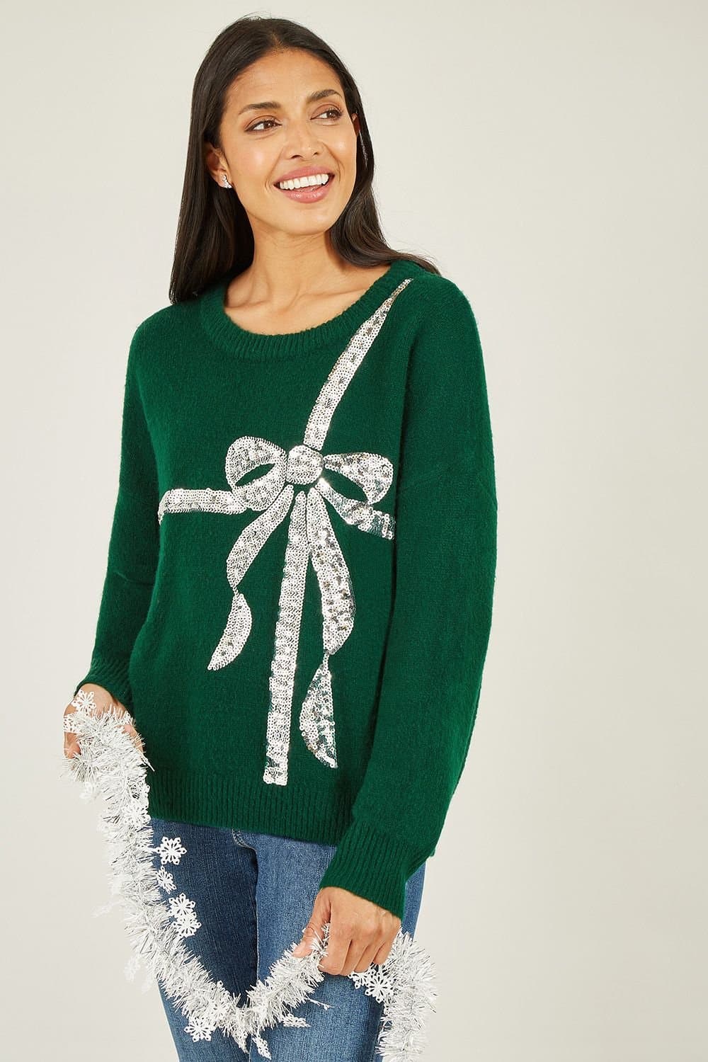 Yumi Yumi Women's Green Sequin Bow Knitted Jumper