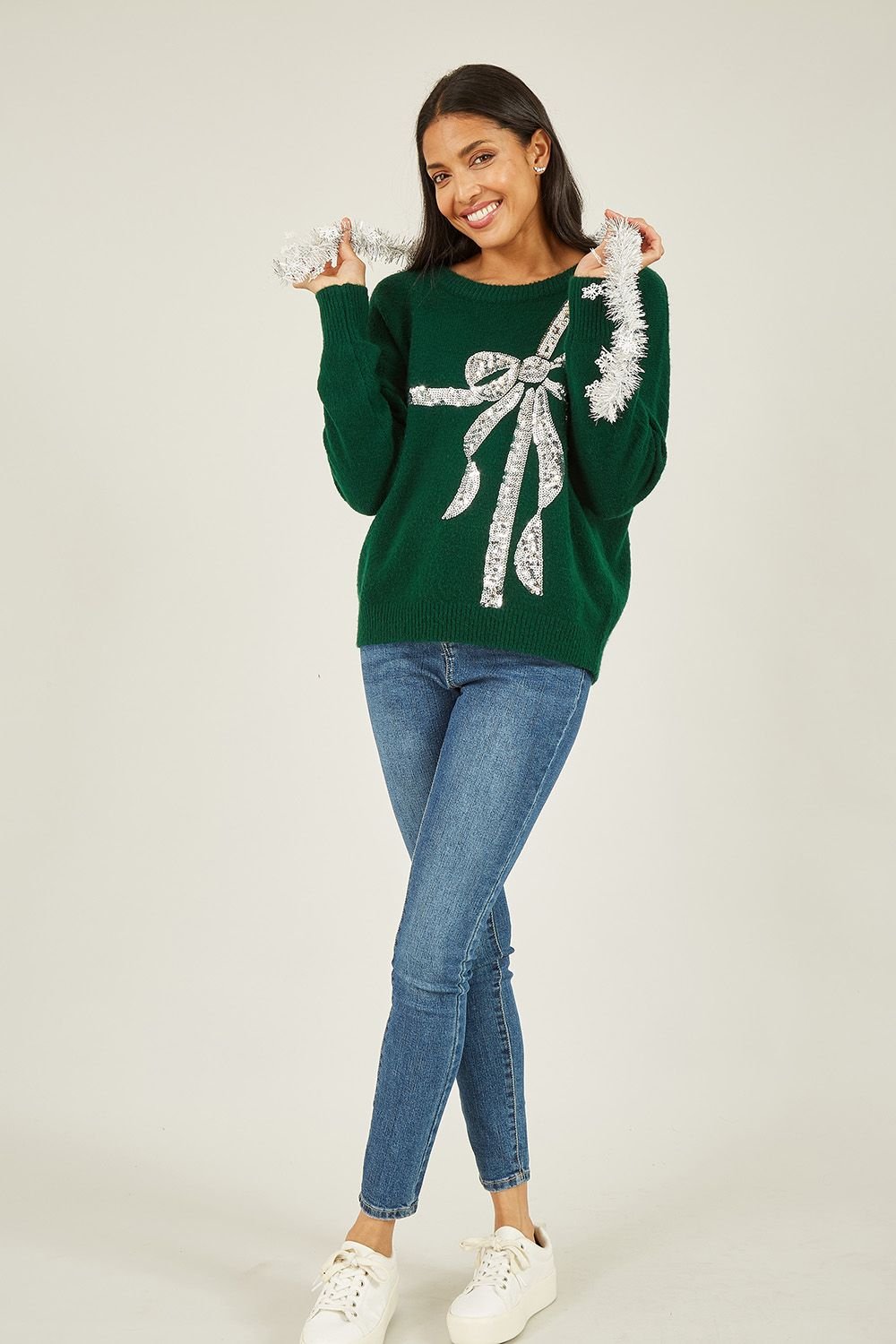 Yumi Yumi Women's Green Sequin Bow Knitted Jumper - 2