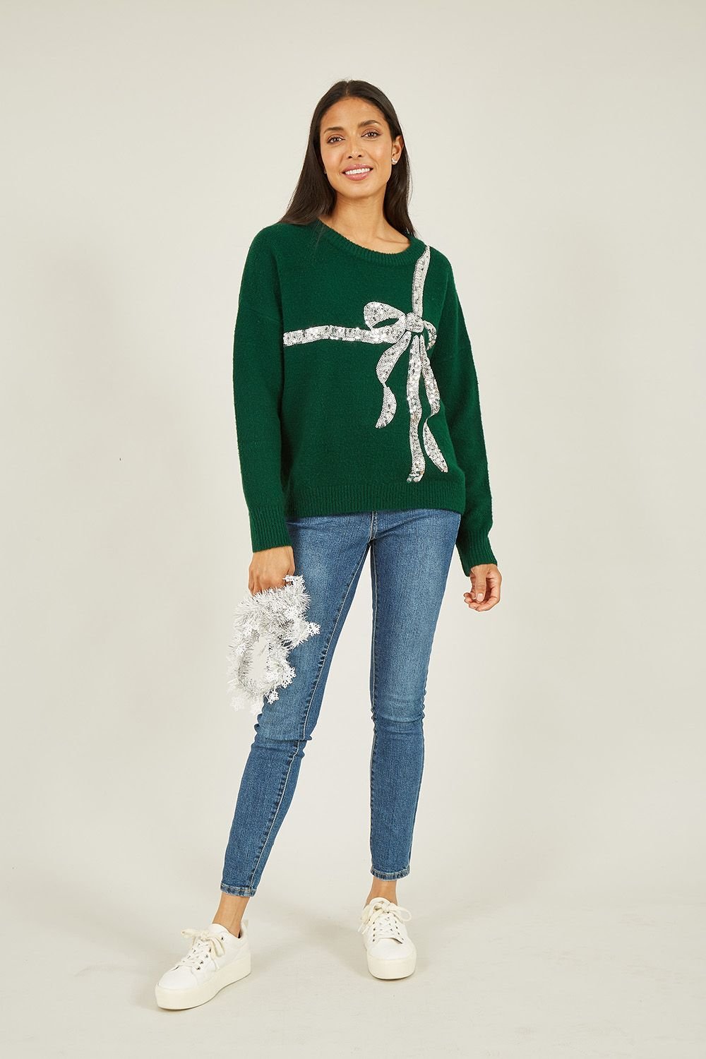 Yumi Yumi Women's Green Sequin Bow Knitted Jumper - 3