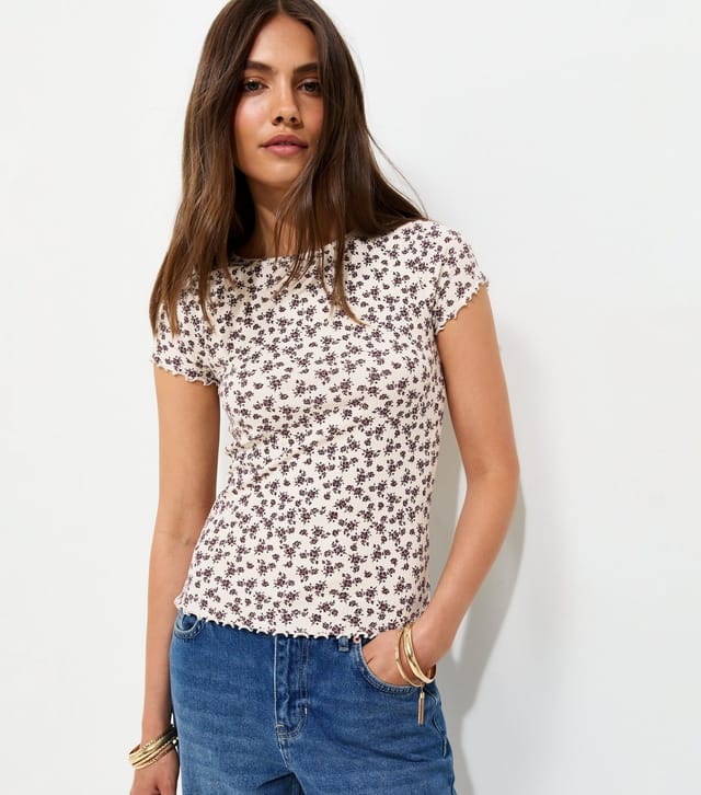 New Look Women's Cream Cotton Rich Ribbed Ditsy Print T-Shirt New Look - 2