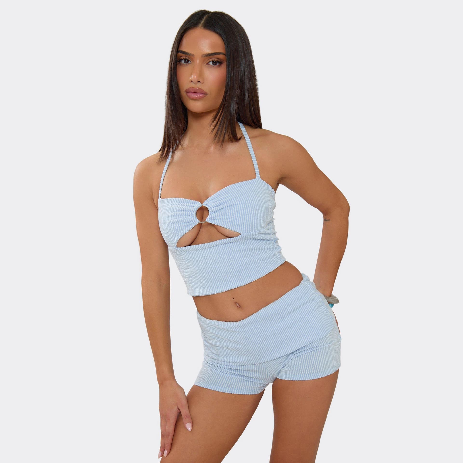 EGO Halterneck Cut Out Ring Detail Crop Top In Blue Stripe, Women's Size UK 6