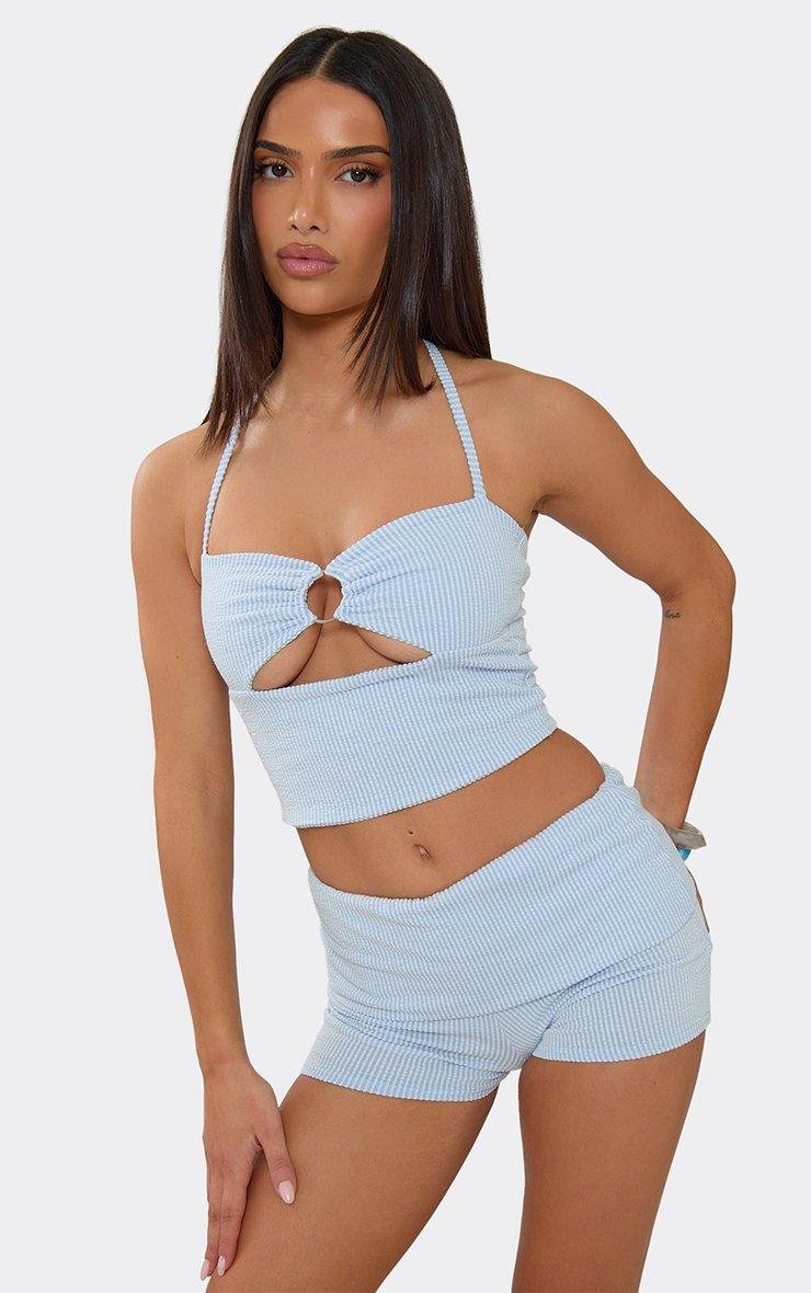 EGO Halterneck Cut Out Ring Detail Crop Top In Blue Stripe, Women's Size UK 6 - 2