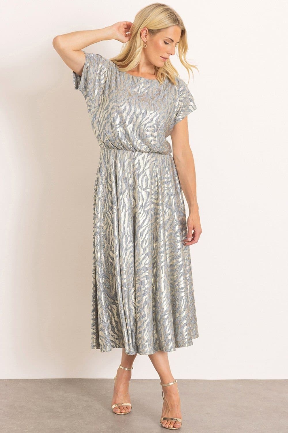 Klass. Klass. Women's Shimmer Animal Print Midi Dress in Silver