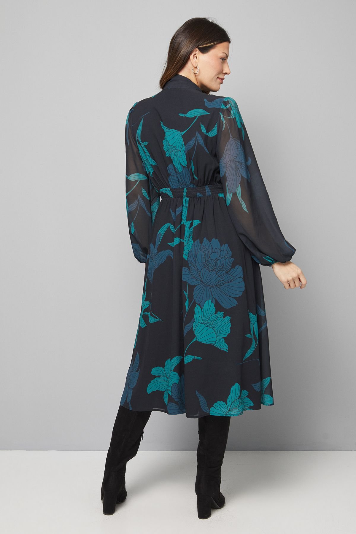 Wallis Wallis Women's Black Floral Pussybow Tie Neck Midi Dress - 3