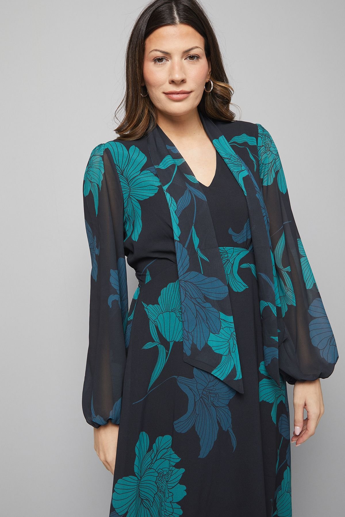 Wallis Wallis Women's Black Floral Pussybow Tie Neck Midi Dress - 4