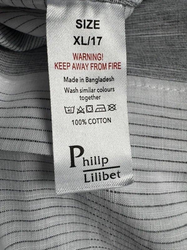 Philip lilibet Philip Lilibet Men’s 100% Cotton Grey Striped Short Sleeve Shirt UK XL 17 Casual RRP £35