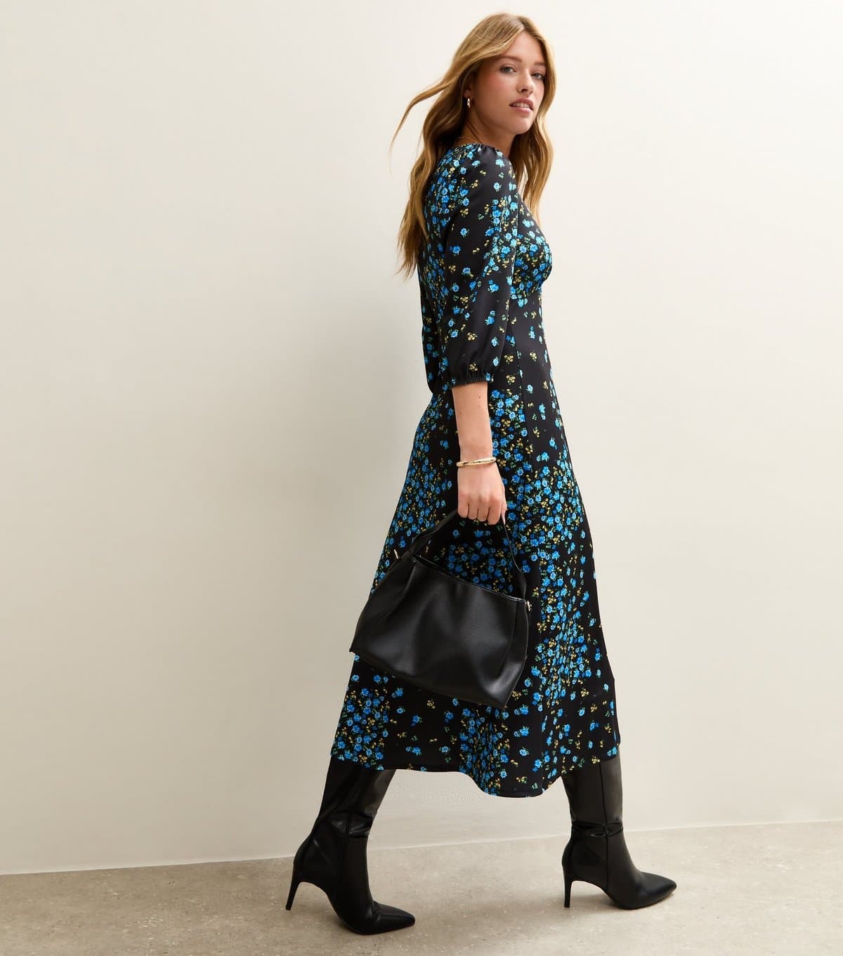 New Look Women's Blue Rose Print Satin Tea Midi Dress New Look