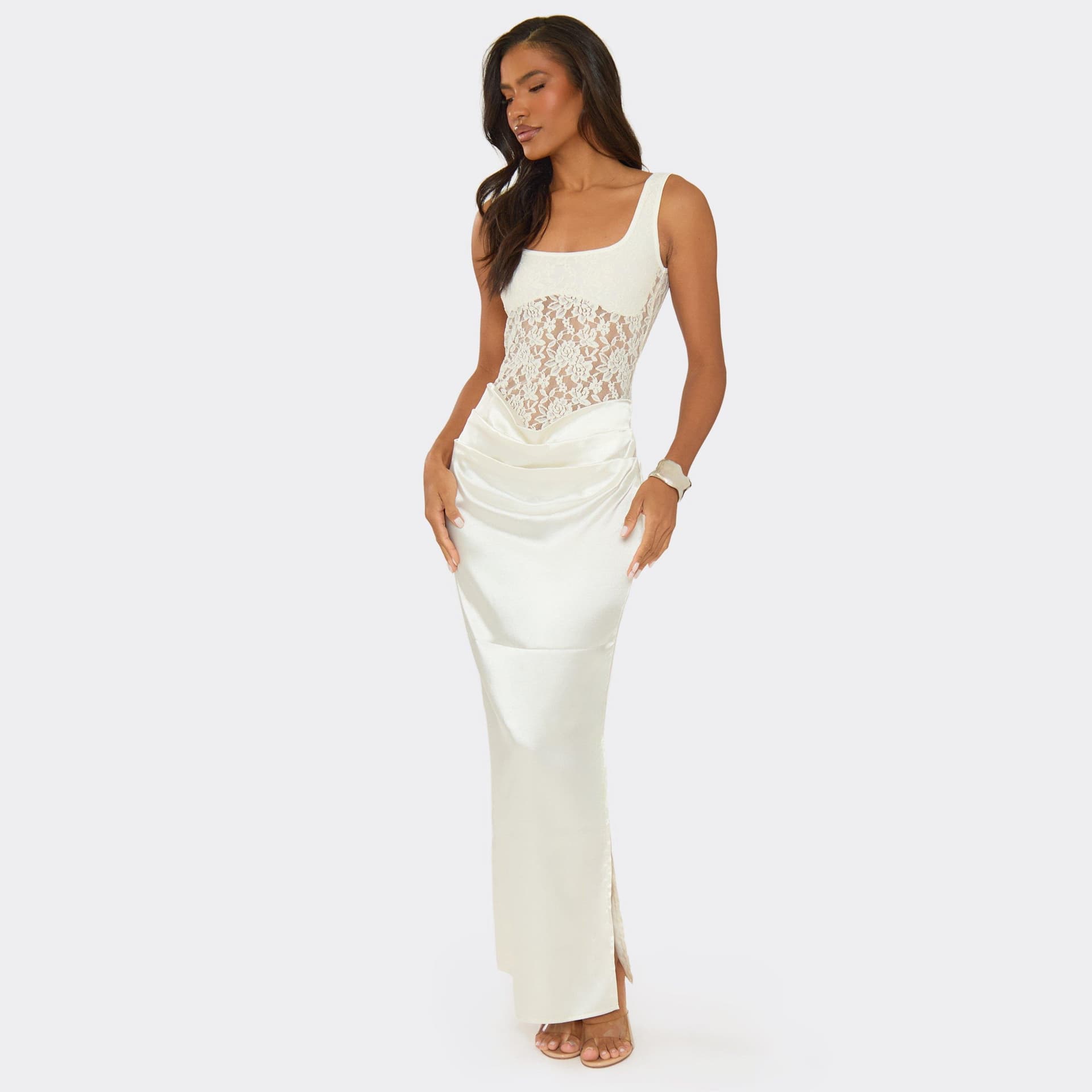 EGO Sleeveless Lace Panel Draped Maxi Dress In Cream Satin, Women's Size UK 6