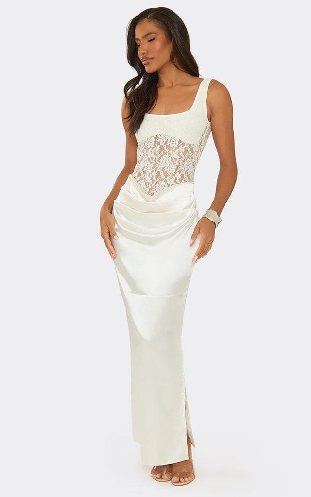 EGO Sleeveless Lace Panel Draped Maxi Dress In Cream Satin, Women's Size UK 6 - 2