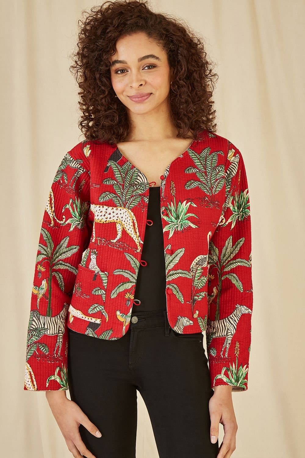 Yumi Yumi Women's Red Animal Print Reversible Cotton Cropped Quilted Jacket