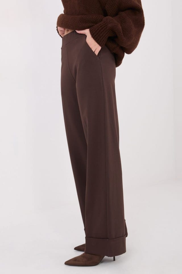 Love Lace Love Lace Women's High Waist Elastic Back Wide Leg Trousers in Brown - 2