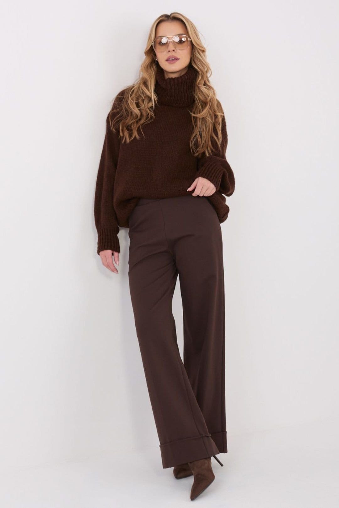 Love Lace Love Lace Women's High Waist Elastic Back Wide Leg Trousers in Brown - 4