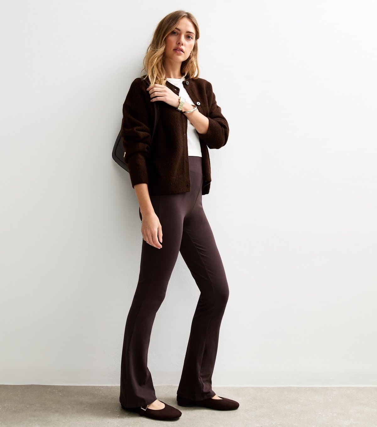 New Look Women's Dark Brown High Waist Jersey Kick Flare Leggings New Look