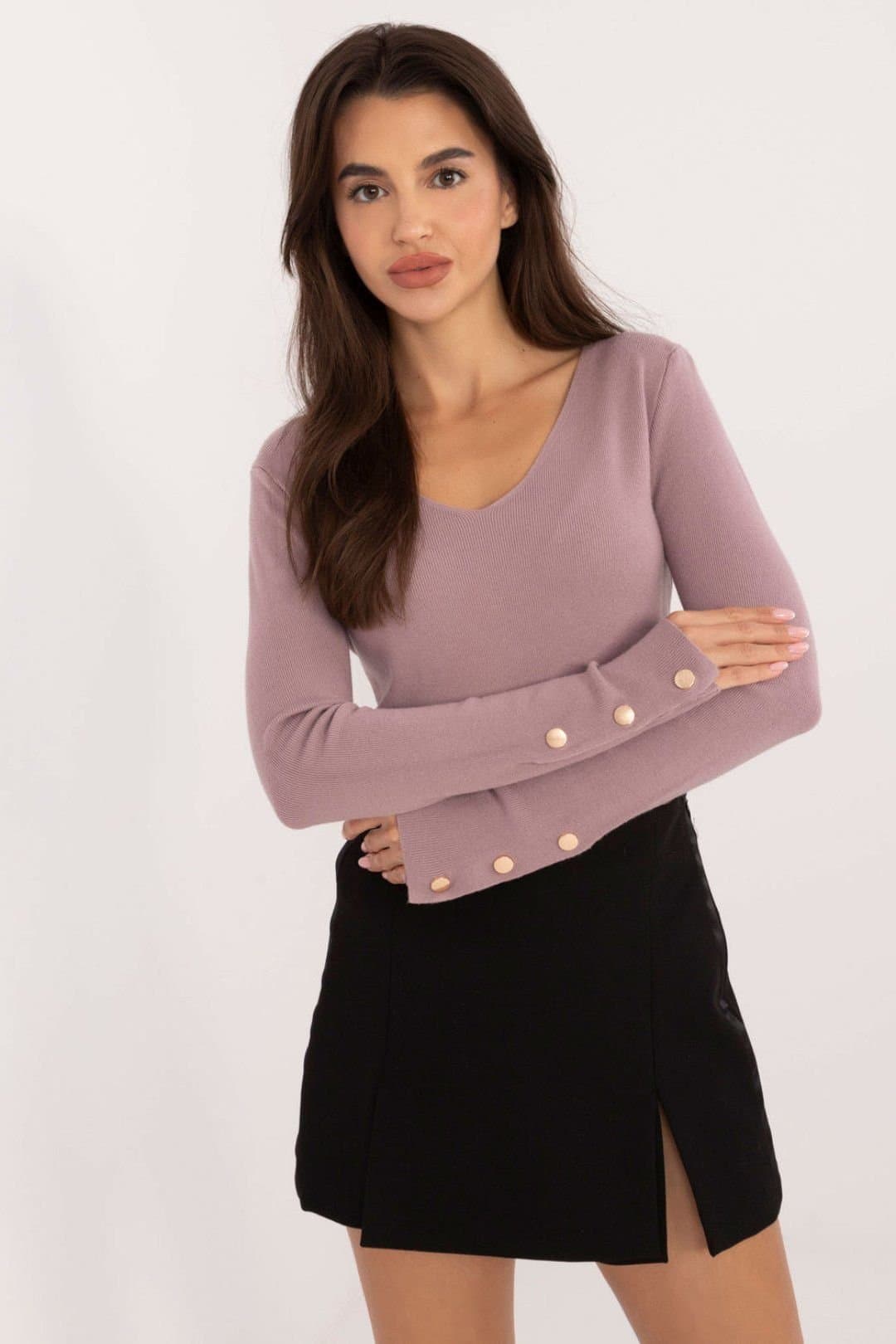 Love Lace Love Lace Women's V Neck Long Sleeve Casual Sweater with Buttons in Violet