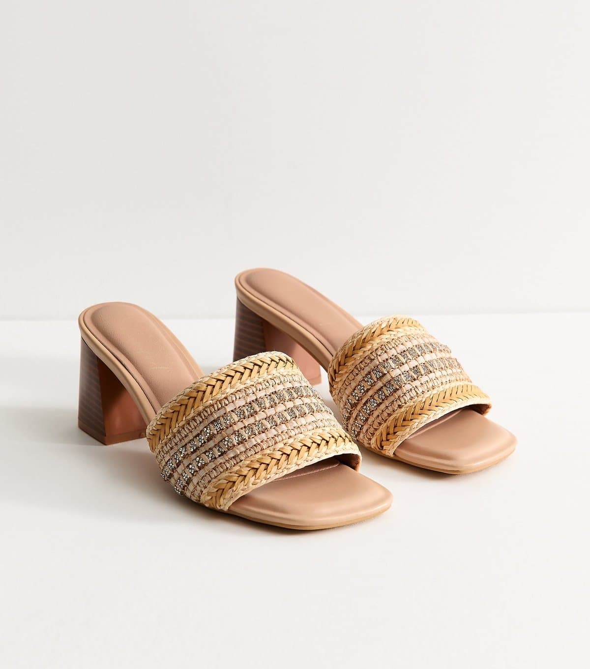 New Look Women's Off White Embellished Raffia Strap Block Heel Mules Vegan New Look