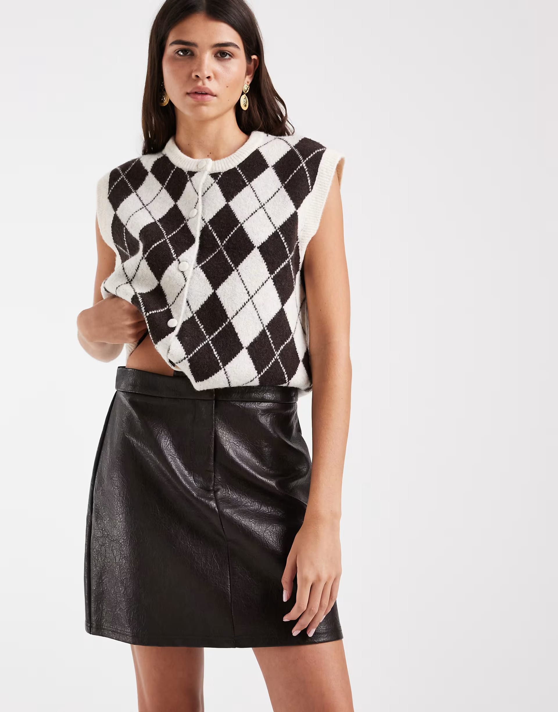 Vero Moda high waist leather look mini skirt in chocolate brown