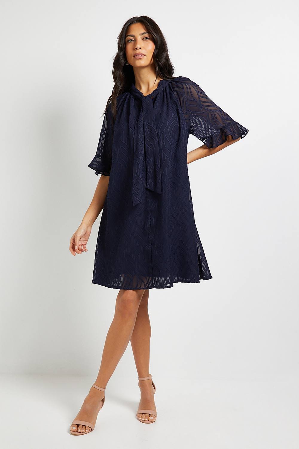 Wallis Wallis Women's Burn Out Cape Sleeve Shift Dress in Navy - 2